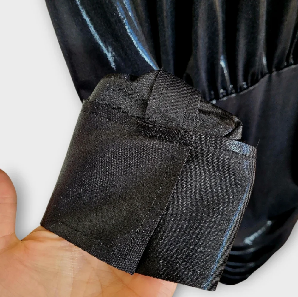 NORMA KAMALI Ruched Black Lame Boyfriend Shirt Dress Small Mini Dress Plunge - Picture 8 of 15